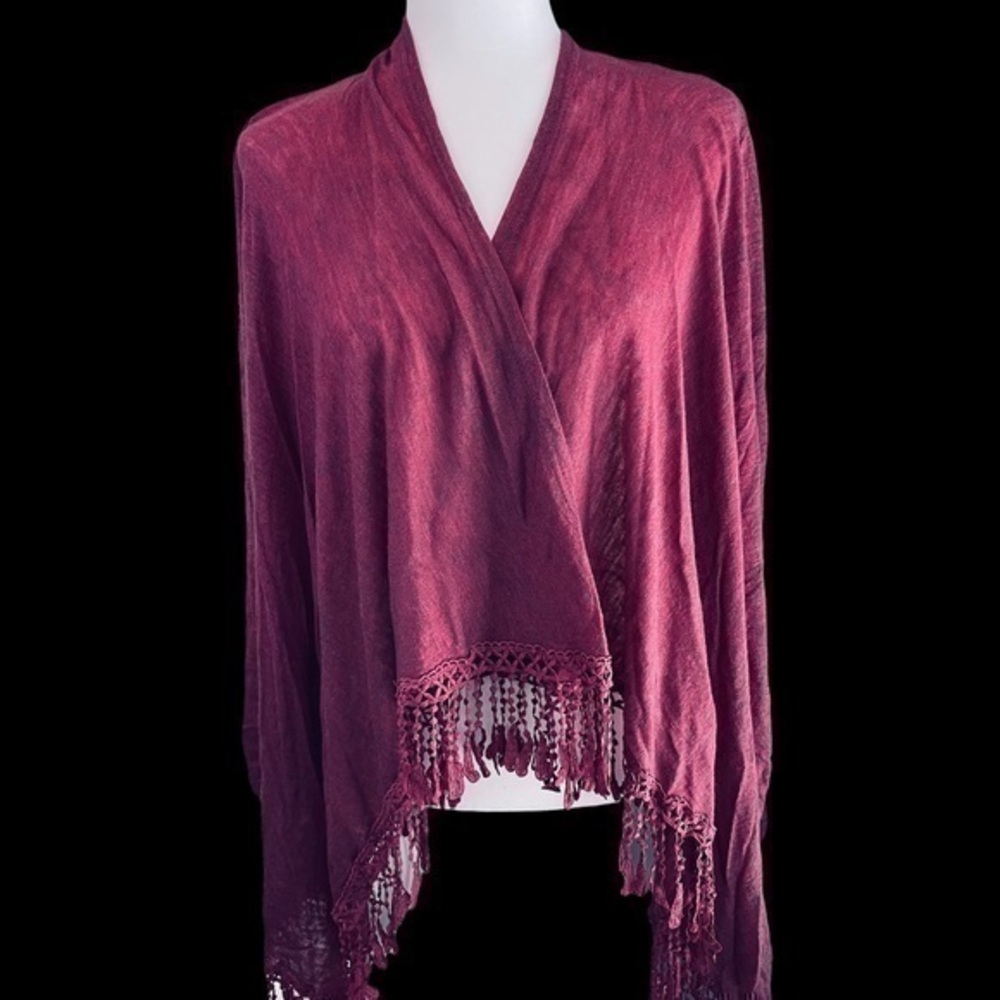 Stem & Vine Semi-Sheer Cardigan with Fringe | Maroon Cardigan | Size Small